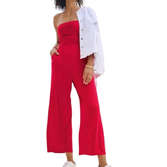 VENUS Pants - Venus | Red Strapless Wide Leg Smocked Jumpsuit